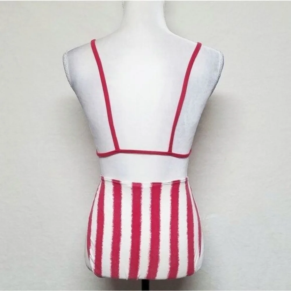 Rare Vintage Gitano SOS Red Striped High Waist Brazilian Triangle Bikini Set L
